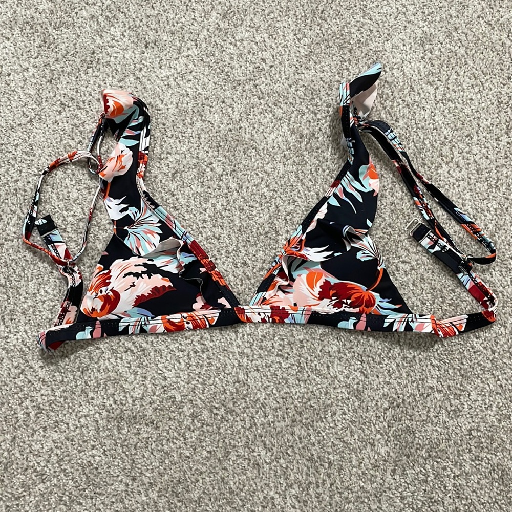 Black floral triangle bikini top with ruffle detail